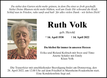 Traueranzeige von Ruth Volk von Mannheimer Morgen