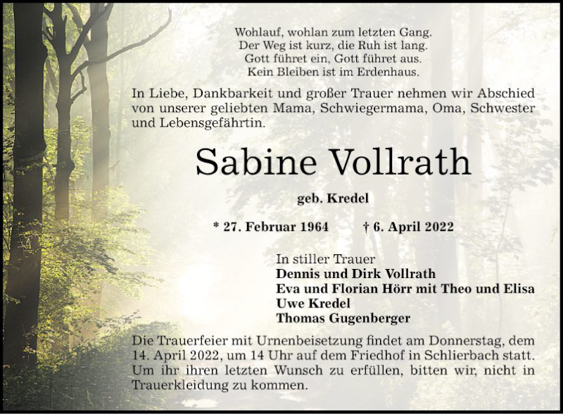  Traueranzeige für Sabine Vollrath vom 09.04.2022 aus Bergsträßer Anzeiger