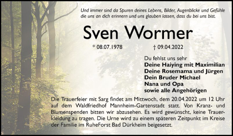  Traueranzeige für Sven Wormer vom 16.04.2022 aus Mannheimer Morgen