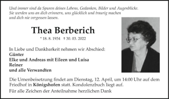 Traueranzeige von Thea Berberich von Fränkische Nachrichten