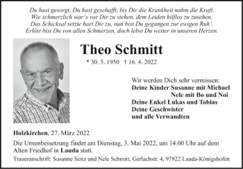 Traueranzeige von Theo Schmitt von Fränkische Nachrichten