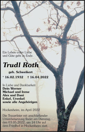 Traueranzeige von Trudl Roth von Schwetzinger Zeitung