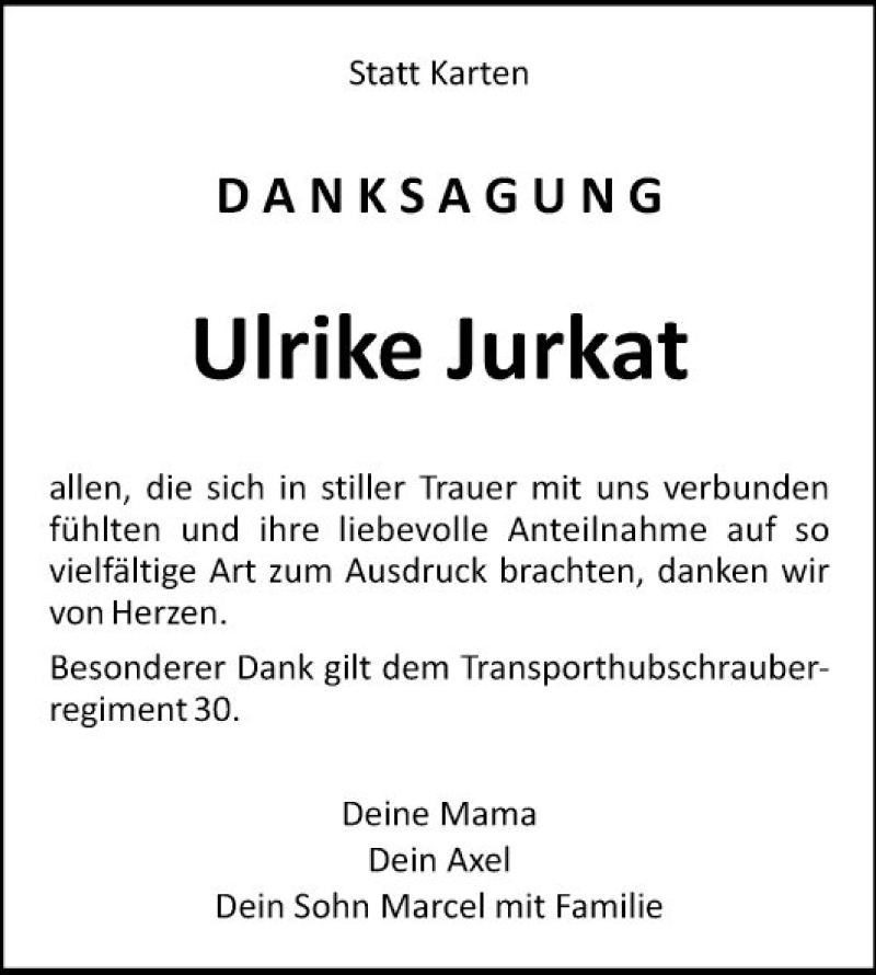 Traueranzeige für Ulrike Jurkat vom 26.04.2022 aus Fränkische Nachrichten