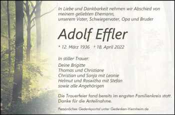 Traueranzeige von Adolf Effler von Mannheimer Morgen