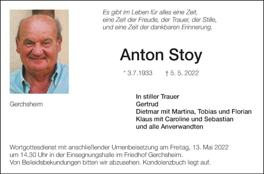  Traueranzeige für Anton Stoy vom 11.05.2022 aus Fränkische Nachrichten