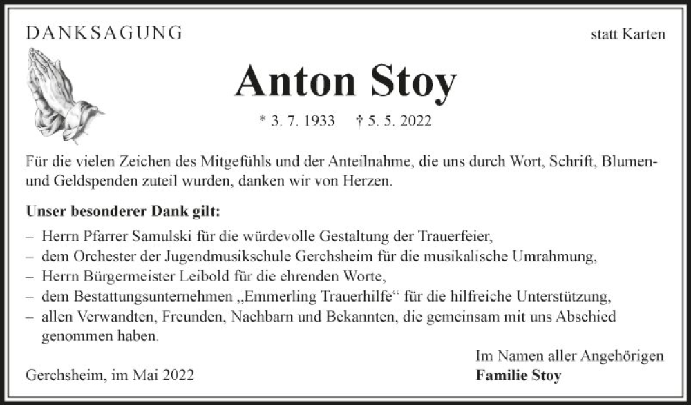  Traueranzeige für Anton Stoy vom 25.05.2022 aus Fränkische Nachrichten