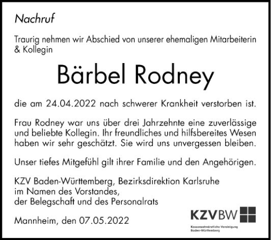 Traueranzeige von Bärbel Rodney von Mannheimer Morgen