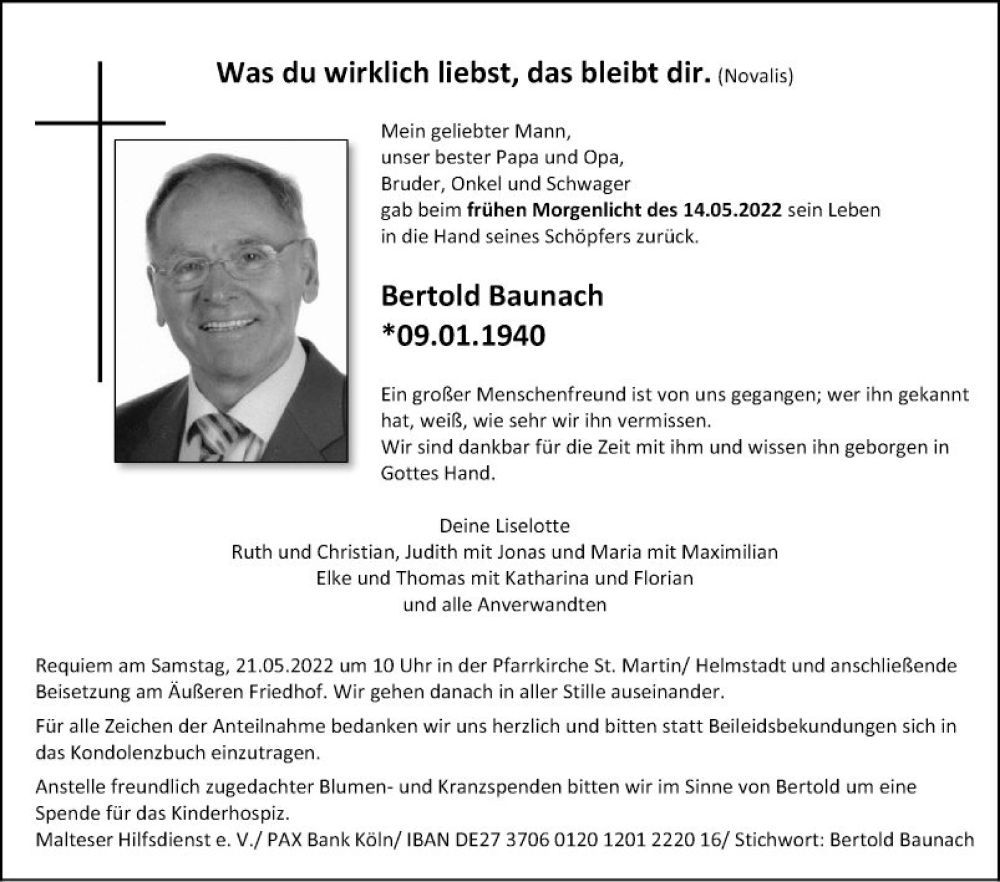  Traueranzeige für Bertold Baunach vom 18.05.2022 aus Fränkische Nachrichten