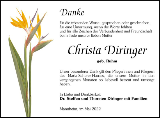 Traueranzeige von Christa Diringer von Mannheimer Morgen
