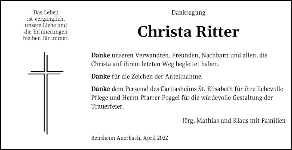Traueranzeigen von Christa Ritter | Trauerportal Ihrer Tageszeitung