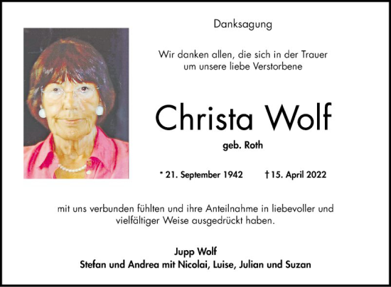 Traueranzeige von Christa Wolf von Bergsträßer Anzeiger