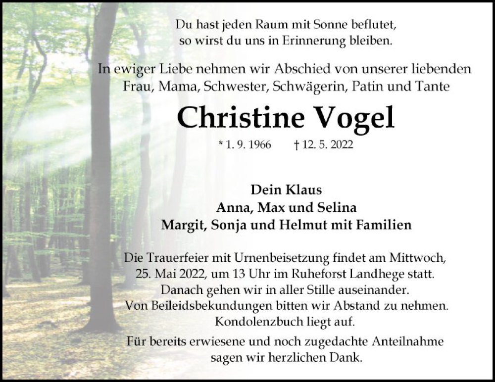  Traueranzeige für Christine Vogel vom 21.05.2022 aus Fränkische Nachrichten