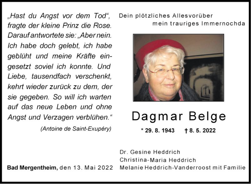  Traueranzeige für Dagmar Belge vom 13.05.2022 aus Fränkische Nachrichten