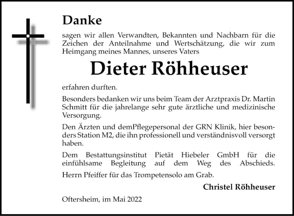  Traueranzeige für Dieter Röhheuser vom 28.05.2022 aus Schwetzinger Zeitung