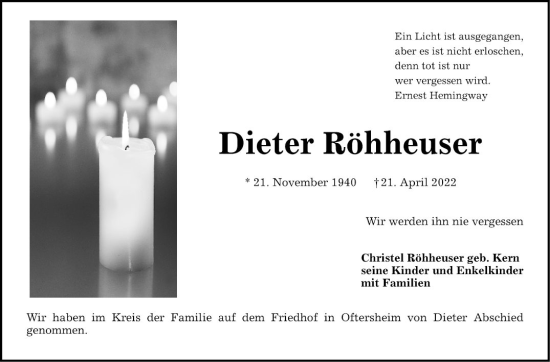 Traueranzeige von Dieter Röhheuser von Schwetzinger Zeitung