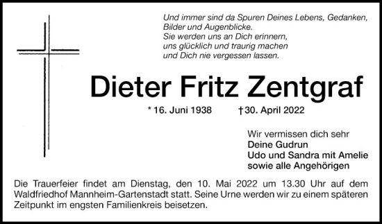 Traueranzeige von Dieter Fritz Zentgraf von Mannheimer Morgen
