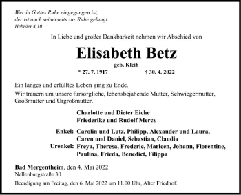 Traueranzeige von Elisabeth Betz von Fränkische Nachrichten