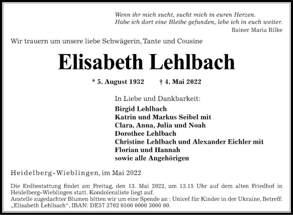  Traueranzeige für Elisabeth Lehlbach vom 11.05.2022 aus Mannheimer Morgen