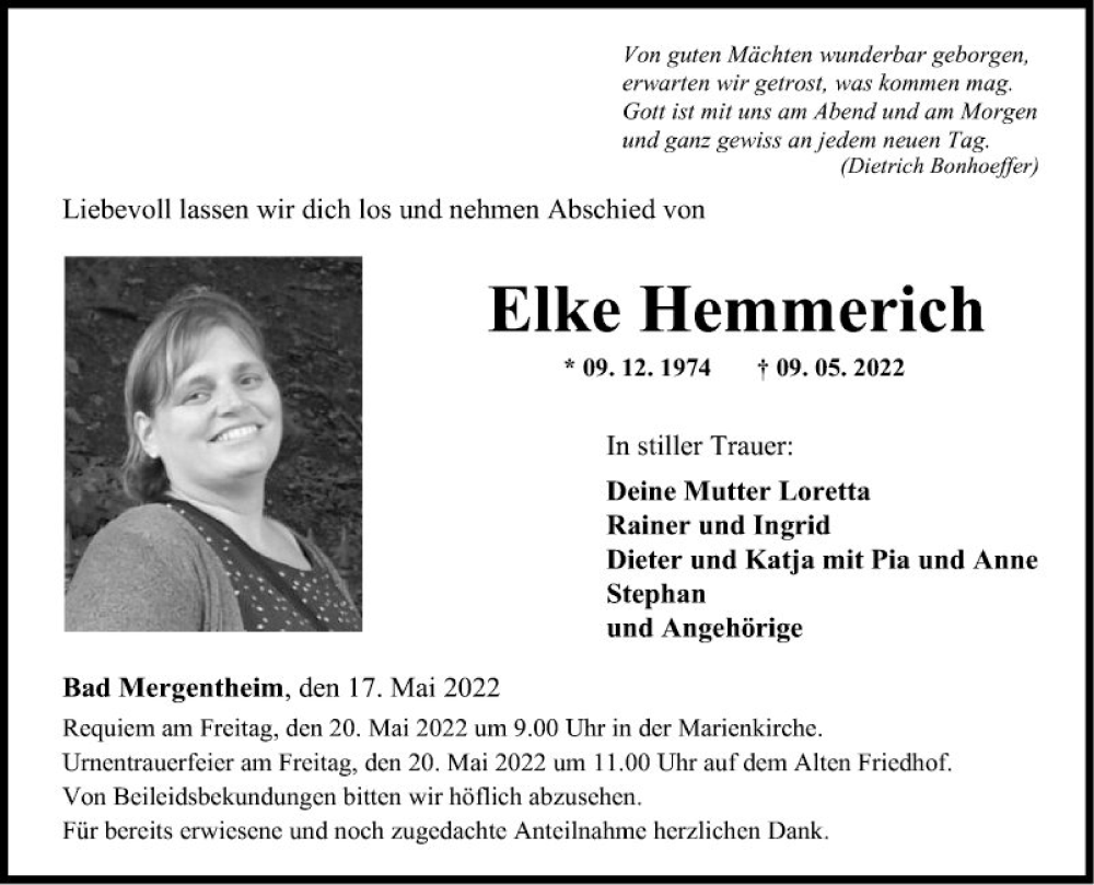  Traueranzeige für Elke Hemmerich vom 17.05.2022 aus Fränkische Nachrichten