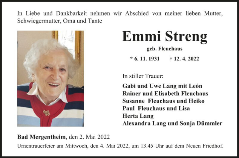  Traueranzeige für Emmi Streng vom 02.05.2022 aus Fränkische Nachrichten