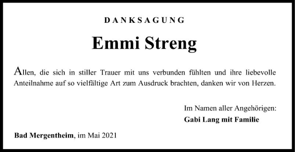  Traueranzeige für Emmi Streng vom 17.05.2022 aus Fränkische Nachrichten