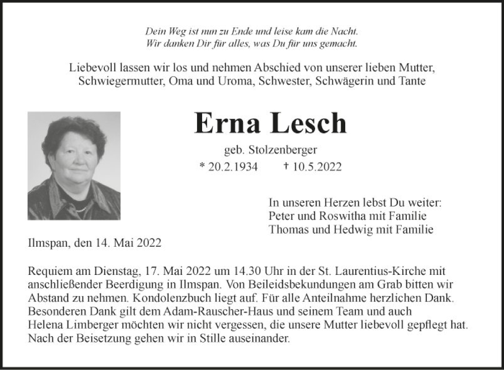 Traueranzeige für Erna Lesch vom 14.05.2022 aus Fränkische Nachrichten