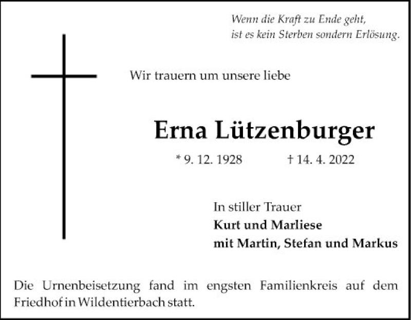  Traueranzeige für Erna Lützenburger vom 03.05.2022 aus Fränkische Nachrichten