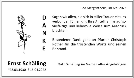 Traueranzeige von Ernst Schälling von Fränkische Nachrichten