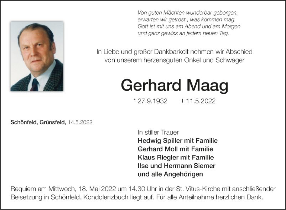  Traueranzeige für Gerhard Maag vom 14.05.2022 aus Fränkische Nachrichten