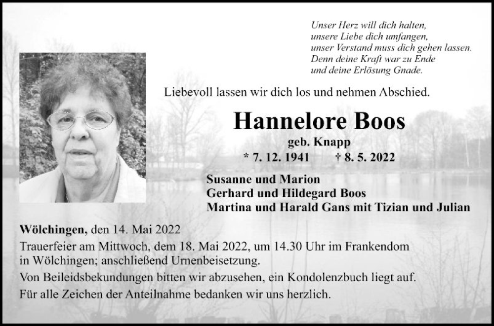  Traueranzeige für Hannelore Boos vom 14.05.2022 aus Fränkische Nachrichten