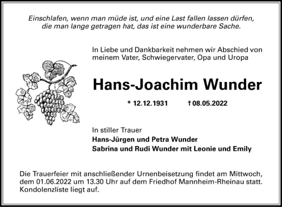 Traueranzeige von Hans-Joachim Wunder von Mannheimer Morgen