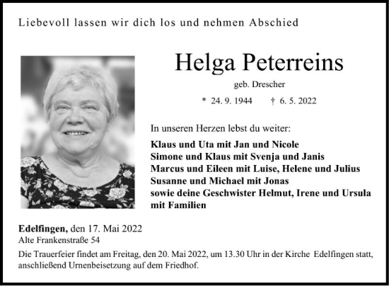 Traueranzeige von Helga Peterreins von Fränkische Nachrichten