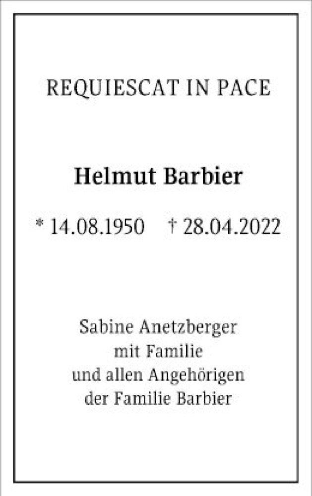  Traueranzeige für Helmut Barbier vom 10.05.2022 aus Mannheimer Morgen