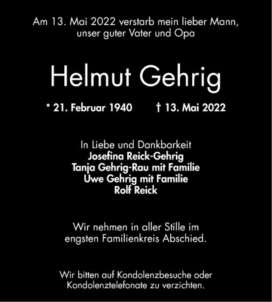  Traueranzeige für Helmut Gehrig vom 21.05.2022 aus Mannheimer Morgen