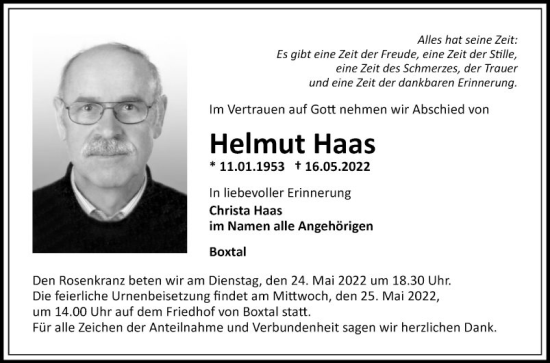 Traueranzeige von Helmut Haas von Fränkische Nachrichten