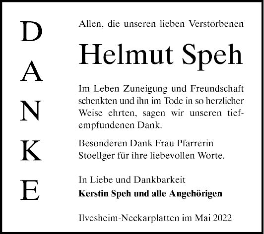  Traueranzeige für Helmut Speh vom 07.05.2022 aus Mannheimer Morgen