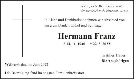 Traueranzeige von Hermann Franz von Fränkische Nachrichten