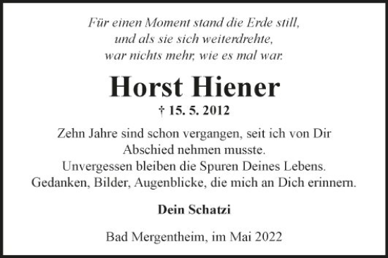 Traueranzeige von Horst Hiener von Fränkische Nachrichten