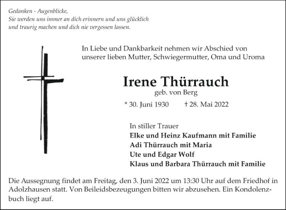  Traueranzeige für Irene Thürrauch vom 01.06.2022 aus Fränkische Nachrichten