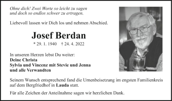 Traueranzeige von Josef Berdan von Fränkische Nachrichten