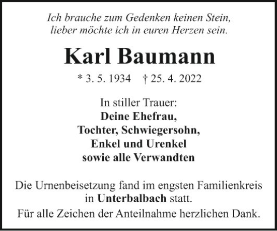 Traueranzeige von Karl Baumann von Fränkische Nachrichten