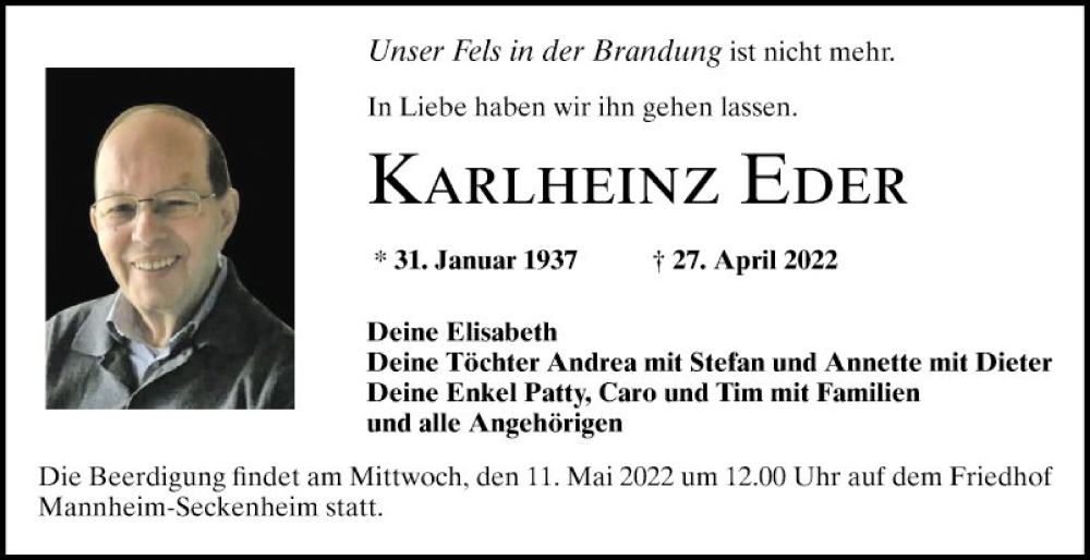  Traueranzeige für Karlheinz Eder vom 07.05.2022 aus Mannheimer Morgen