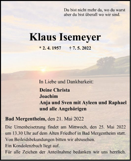 Traueranzeige von Klaus Isemeyer von Fränkische Nachrichten