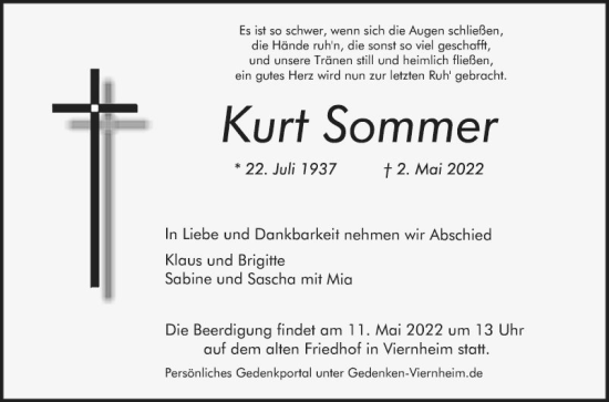 Traueranzeige von Kurt Sommer von Mannheimer Morgen