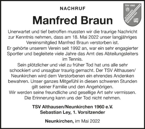 Traueranzeige von Manfred Braun von Fränkische Nachrichten