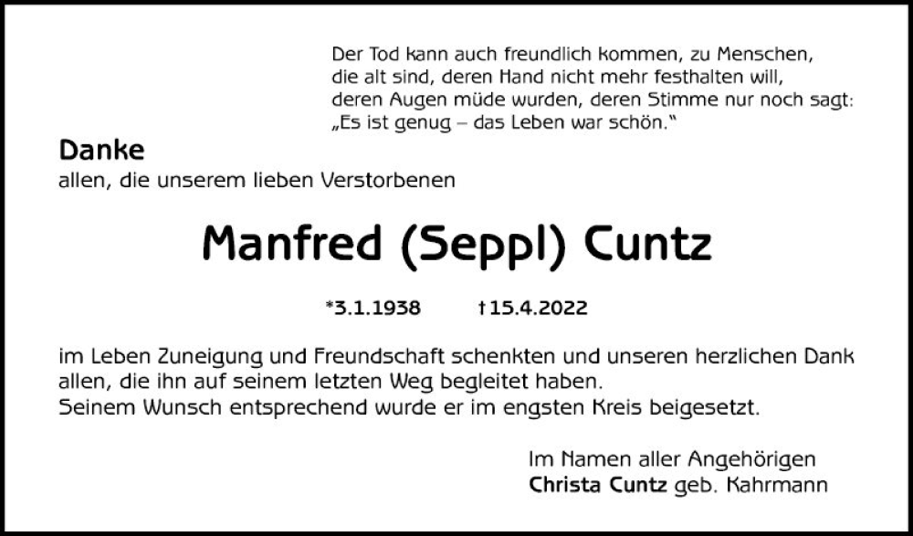  Traueranzeige für Manfred Cuntz vom 14.05.2022 aus Schwetzinger Zeitung