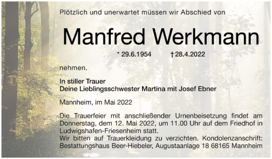 Traueranzeige von Manfred Werkmann von Mannheimer Morgen