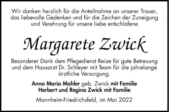 Traueranzeige von Margarete Zwick von Mannheimer Morgen