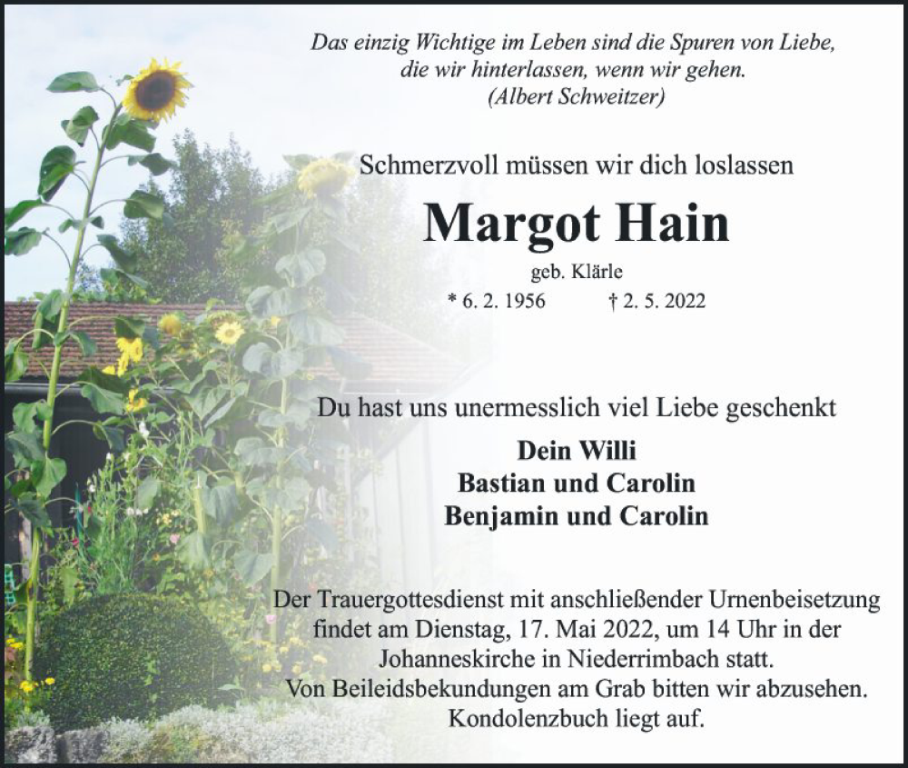  Traueranzeige für Margot Hain vom 14.05.2022 aus Fränkische Nachrichten