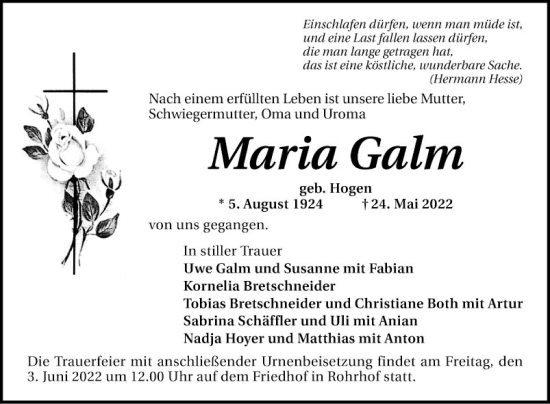 Traueranzeige von Maria Galm von Schwetzinger Zeitung